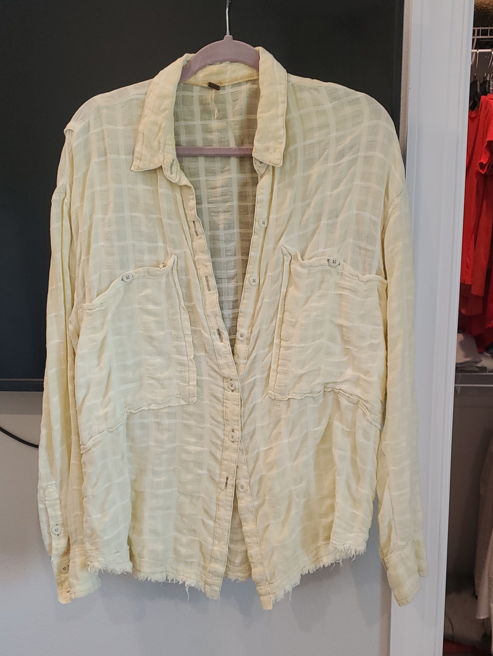 Free People Light Yellow Gauze Button-Down Shirt